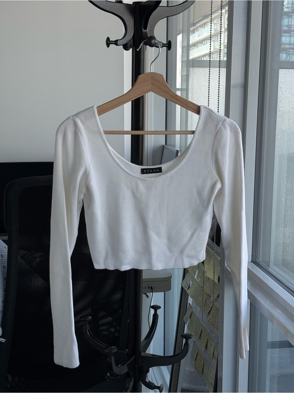 White Long-Sleeve Ribbed Cropped Top - Women's